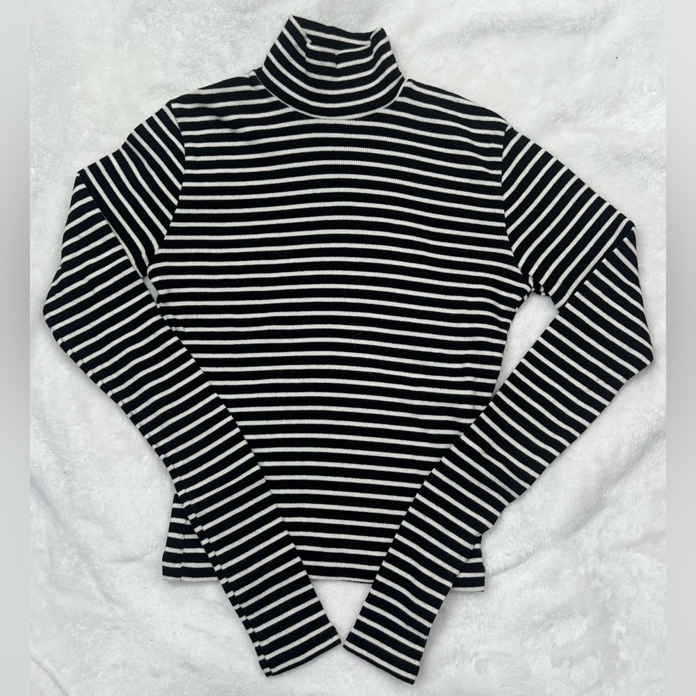 Brandy Melville Striped Mock Turtleneck Long Sleeved Top Ribbed Black White